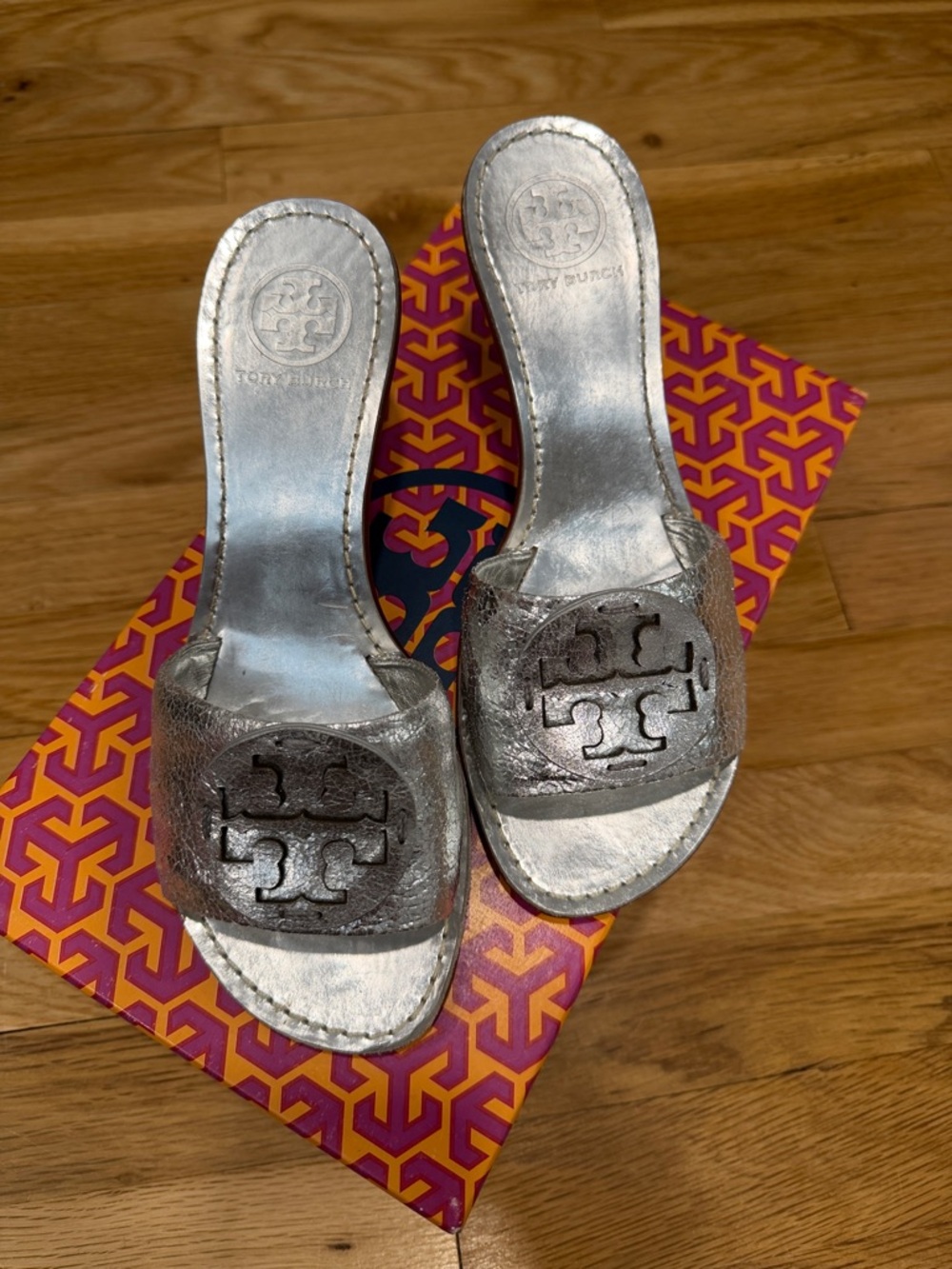 Tory Burch Metallic Silver Logo Slide Mules